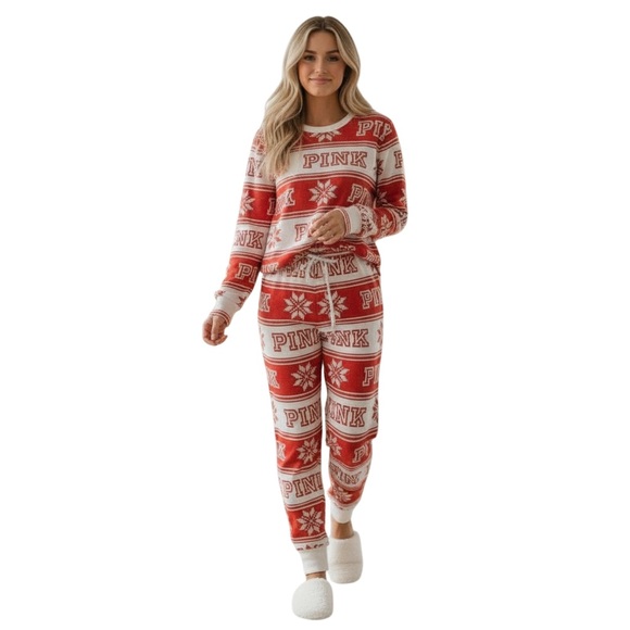 PINK Victoria's Secret Other - PINK Victorias Secret L Red Light Pink Fair Isle Thermal Pajamas R $79 Holiday